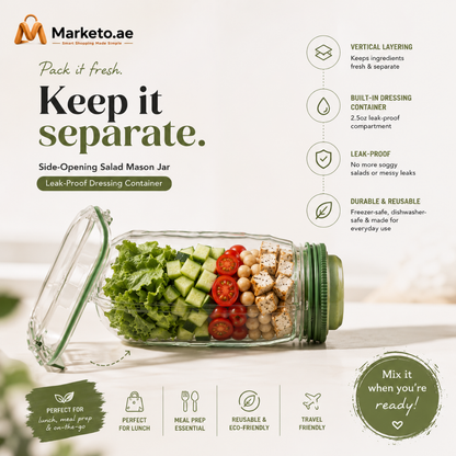 Side-Opening Salad Mason Jar, Leak-Proof Dressing Container